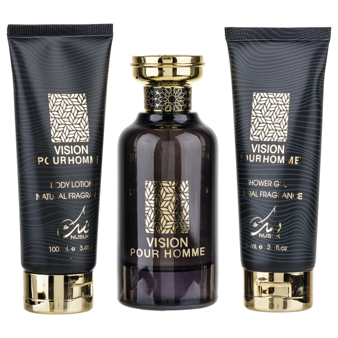 NUSUK Set Vision Pour Homme Eau de Parfum
100ml + Gel De Dus 100ml +Lotiune de corp 100ml