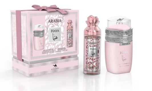 Arabia Haya Gift Set 2in1 Eau De Parfum 3.4 oz 100ml 
Body Mist 100Ml 
By Emper Le Chameau